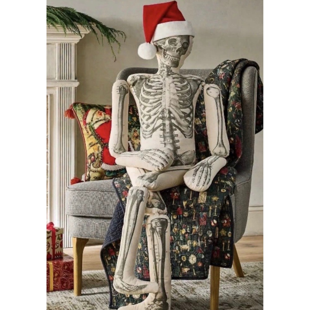John Derian Target Articulated Skeleton Pillow Plush Santa Hat Halloween NEW